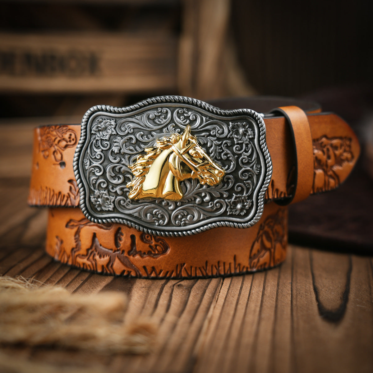 Men's Belt Western Style Vegan Leather & Metal Buckle