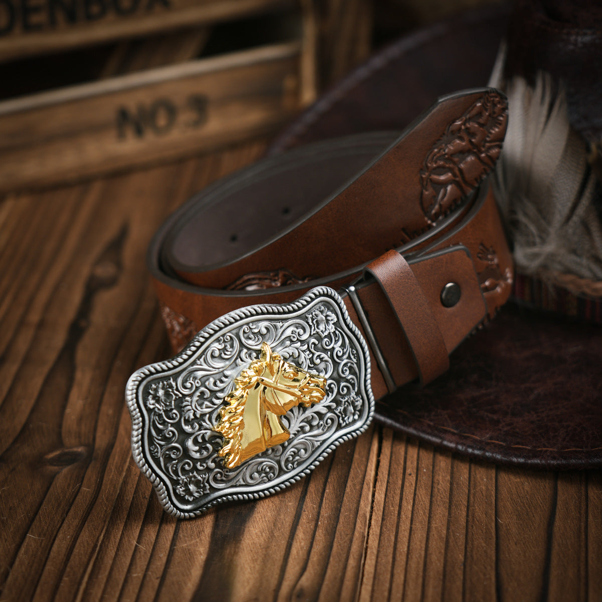 Men's Belt Western Style Vegan Leather & Metal Buckle
