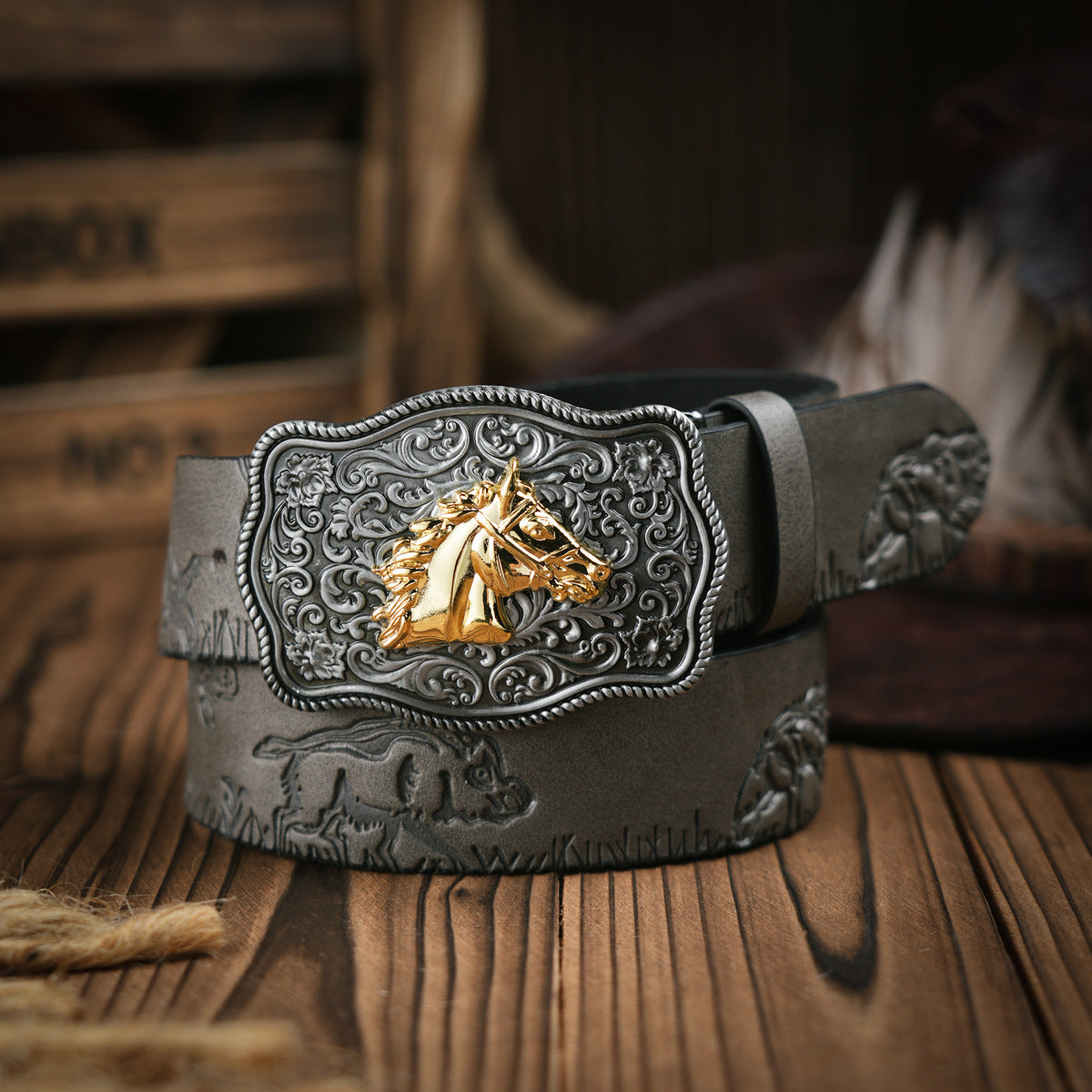 Men's Belt Western Style Vegan Leather & Metal Buckle