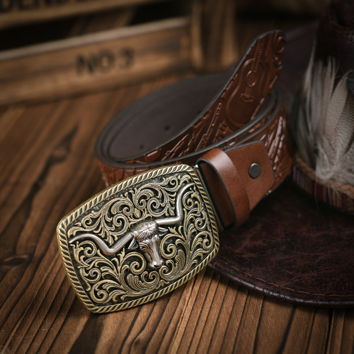 Men's Belt Western Style Vegan Leather & Metal Buckle