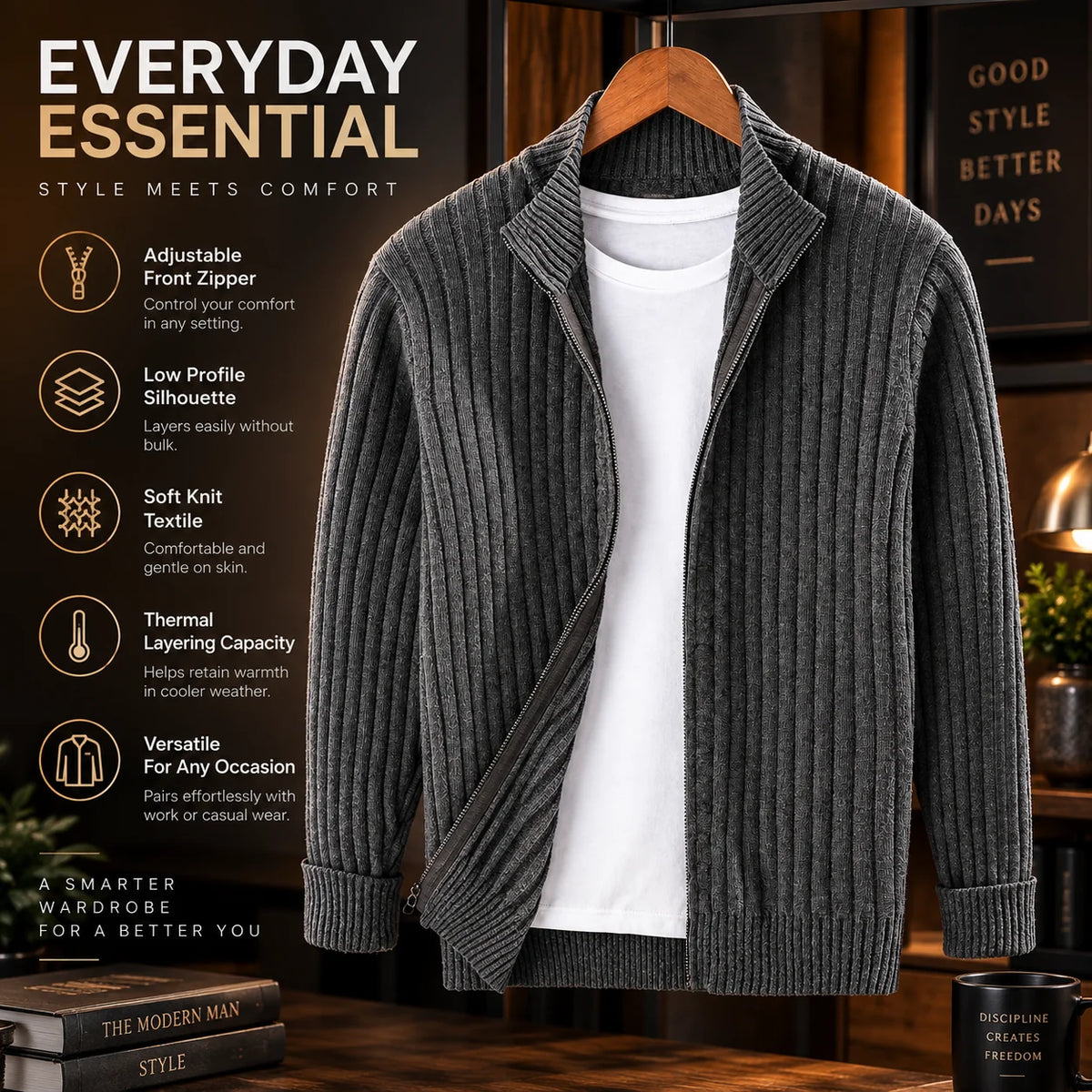 Men's Cardigan Full-Zip Slim Fit Soft Knit