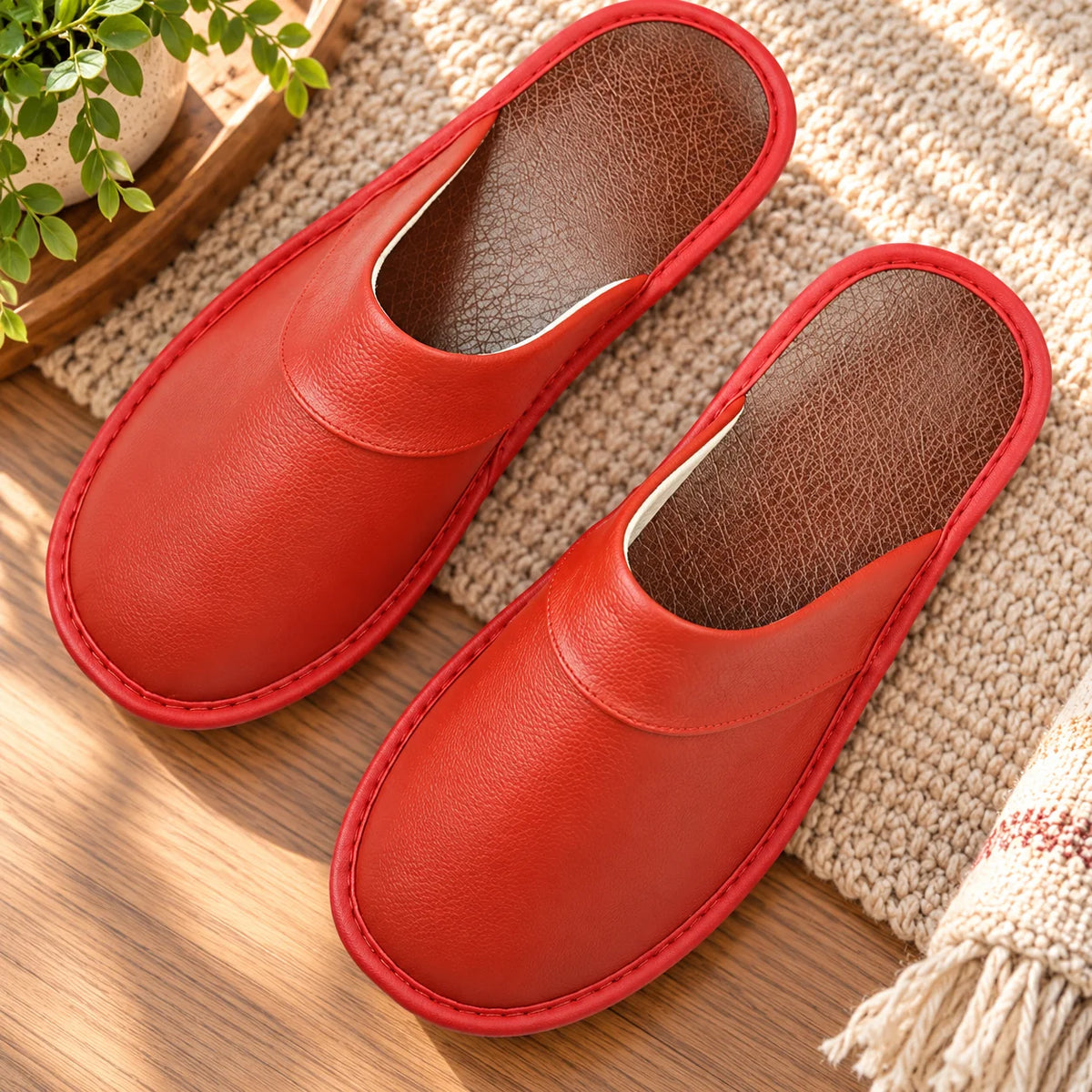 Men's House Slippers Leather-Look Soft Lining Non-Slip Sole