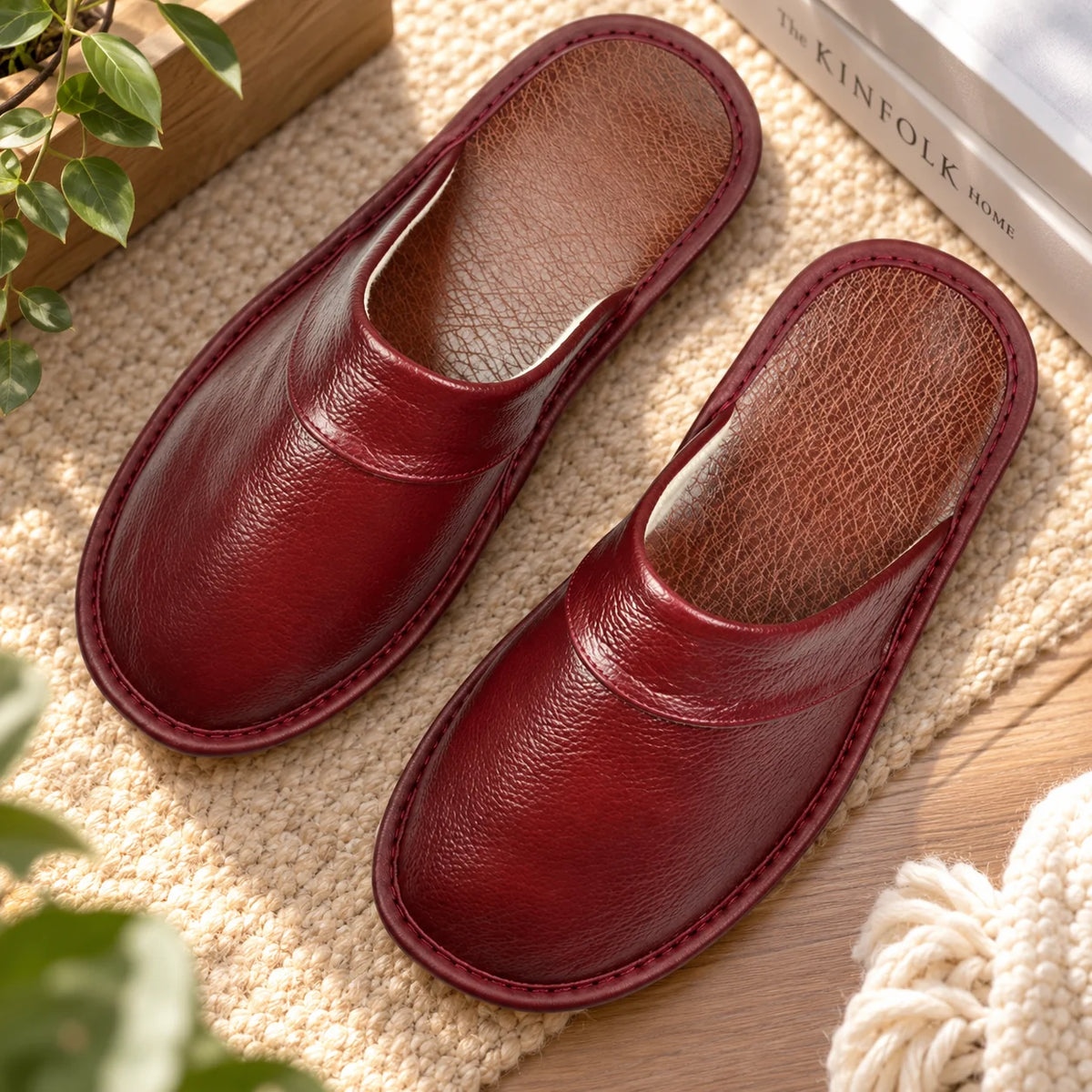 Men's House Slippers Leather-Look Soft Lining Non-Slip Sole