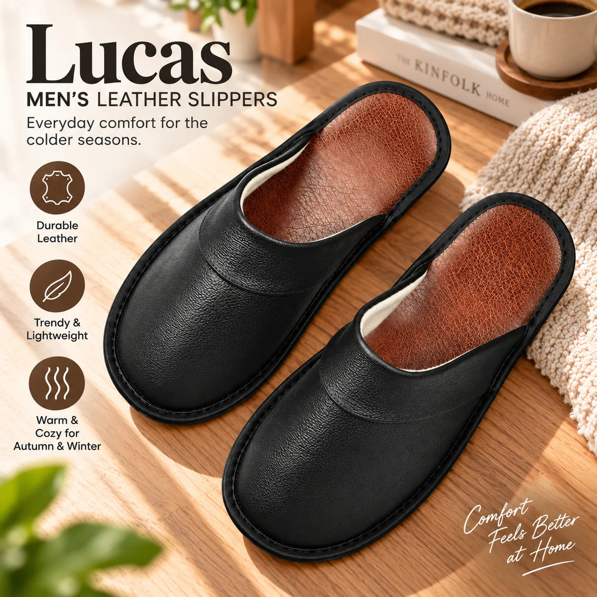 Men's House Slippers Leather-Look Soft Lining Non-Slip Sole