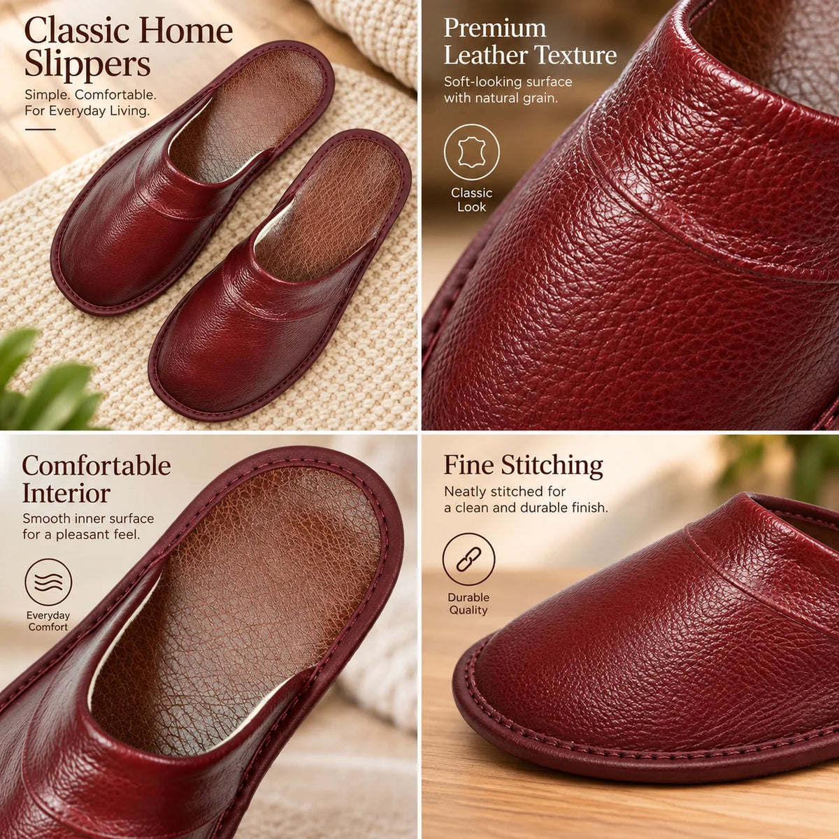 Men's House Slippers Leather-Look Soft Lining Non-Slip Sole