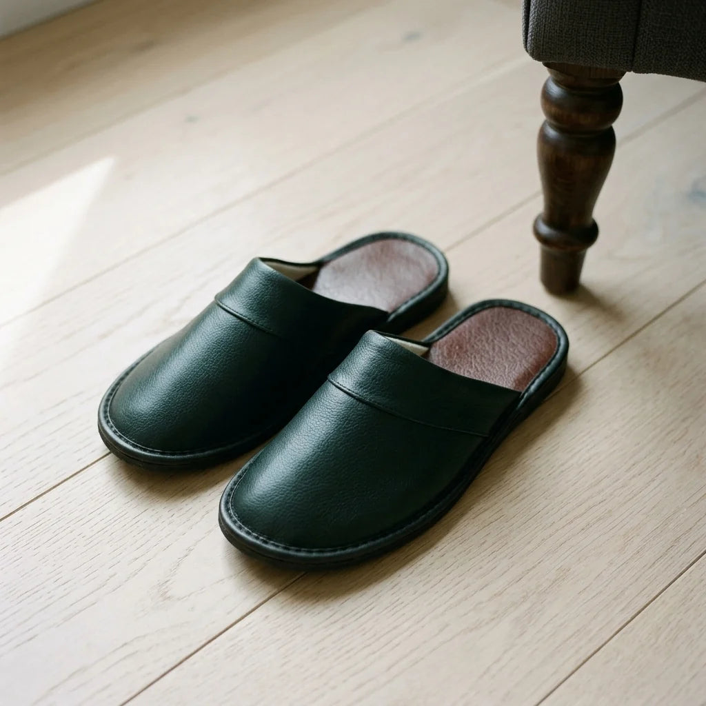 Men's House Slippers Leather-Look Soft Lining Non-Slip Sole