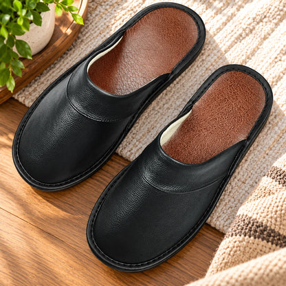 Men's House Slippers Leather-Look Soft Lining Non-Slip Sole