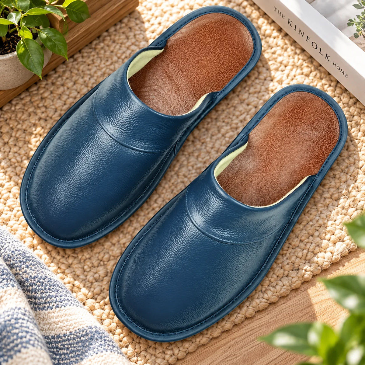 Men's House Slippers Leather-Look Soft Lining Non-Slip Sole