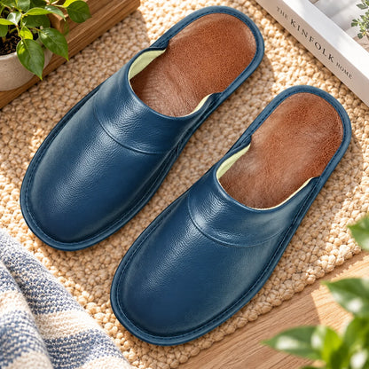 Men's House Slippers Leather-Look Soft Lining Non-Slip Sole