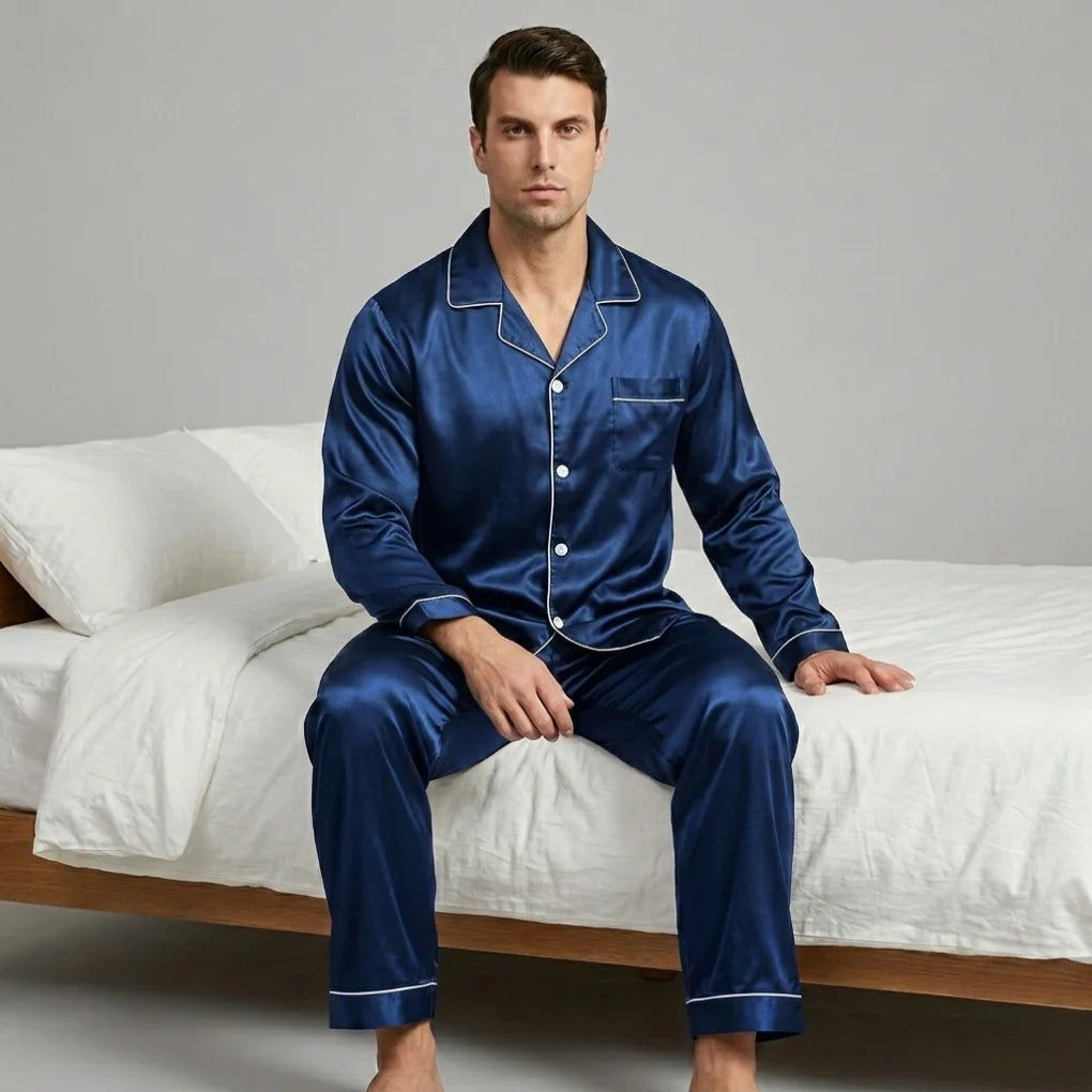 Men's Pajama Set Satin-Silk Blend Elastic Waistband & Drawstring