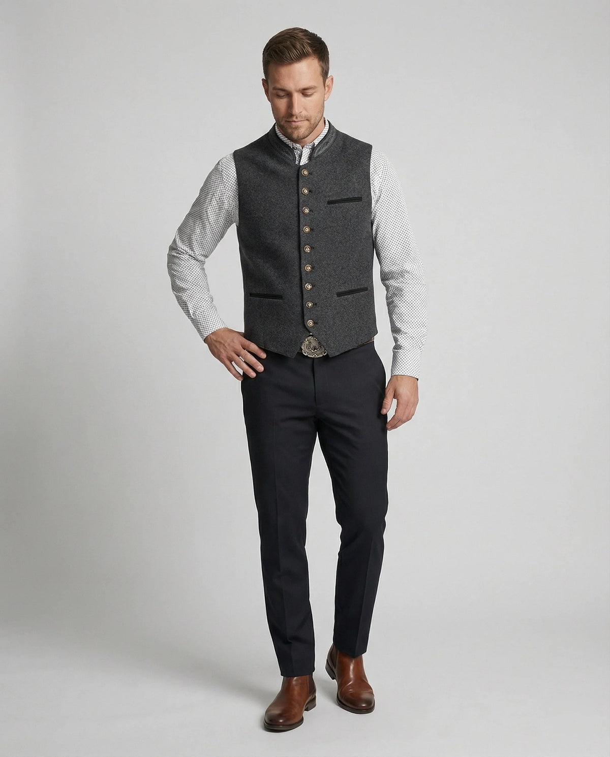 Men's Vest Herringbone Stand-Up Collar Slim Tailored Fit