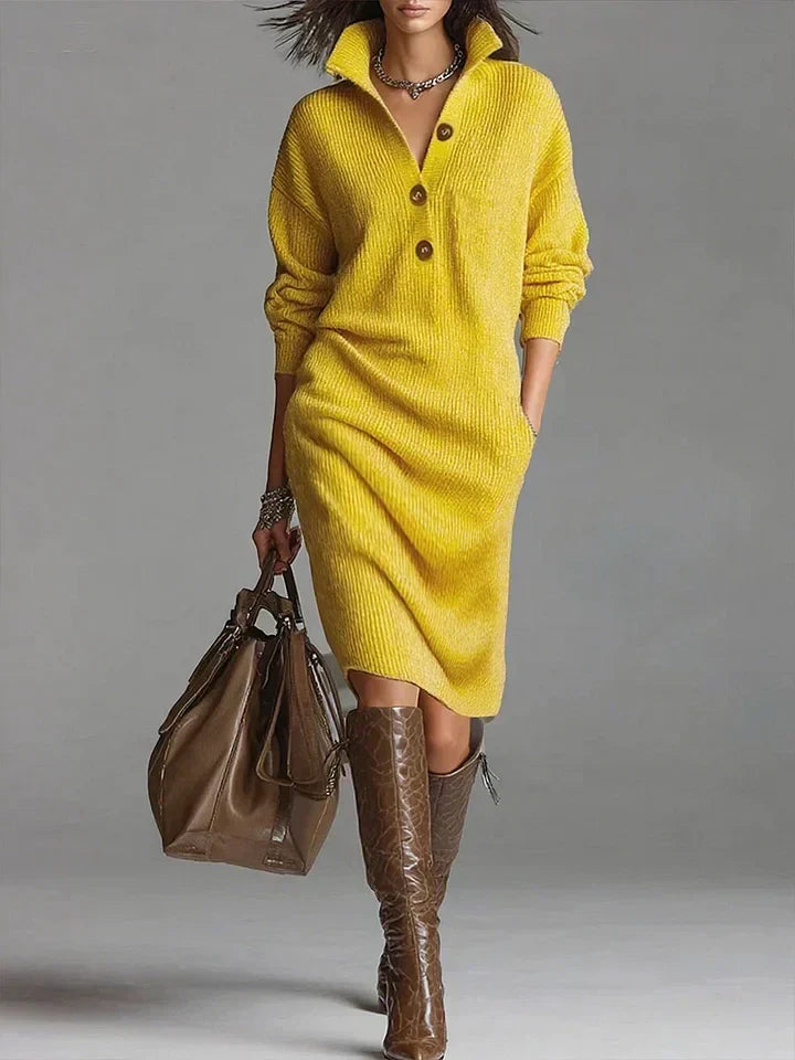 Midi Dress Button Neck Comfortable Fit