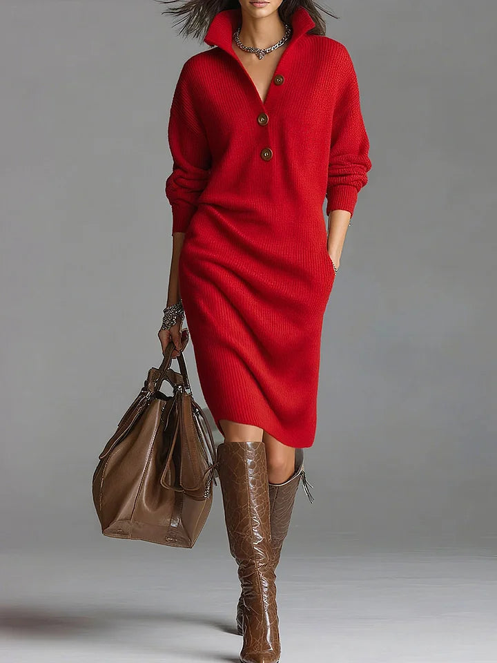 Midi Dress Button Neck Comfortable Fit