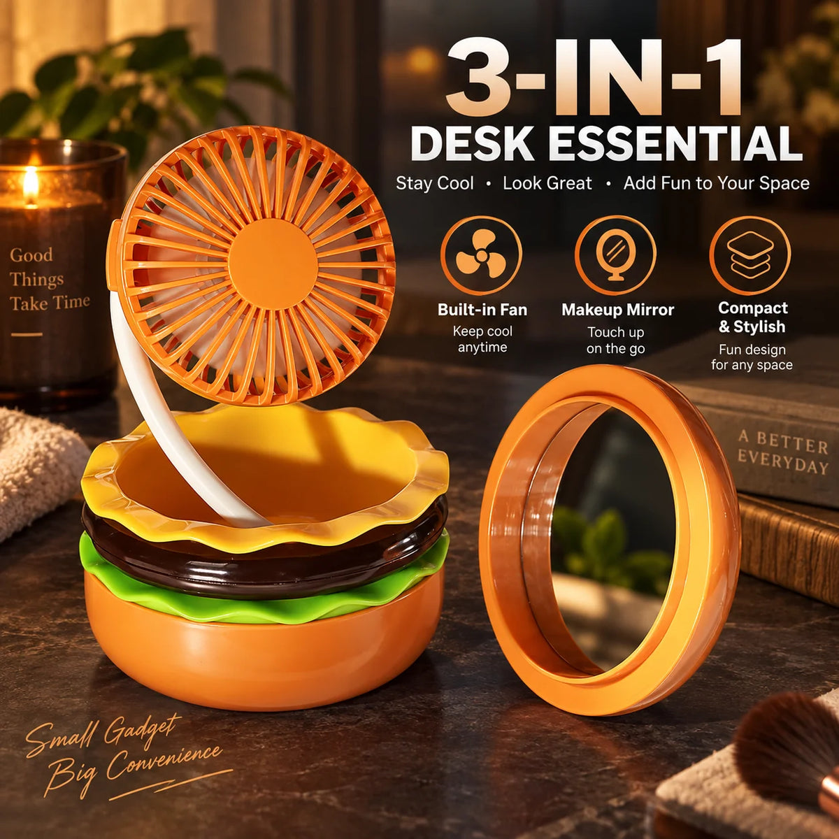 Mini Desk Fan Burger-Shaped USB Rechargeable