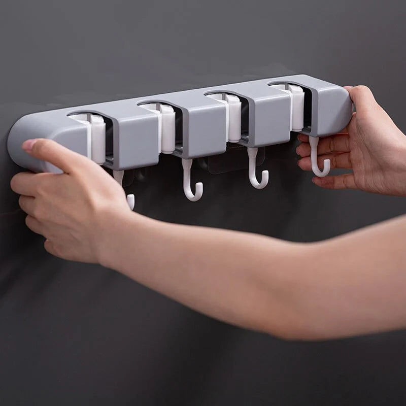 Mop And Broom Holder Wall-Mounted Space-Saving ABS & Silicone Grips