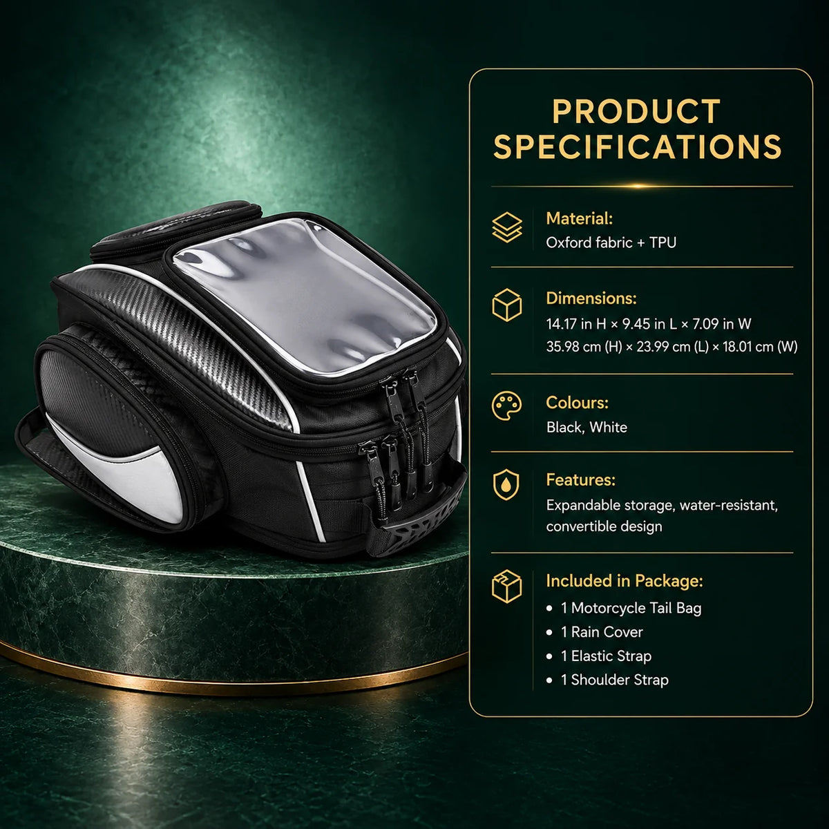 Motorcycle Tail Bag Expandable & Convertible Water-Resistant PU Leather