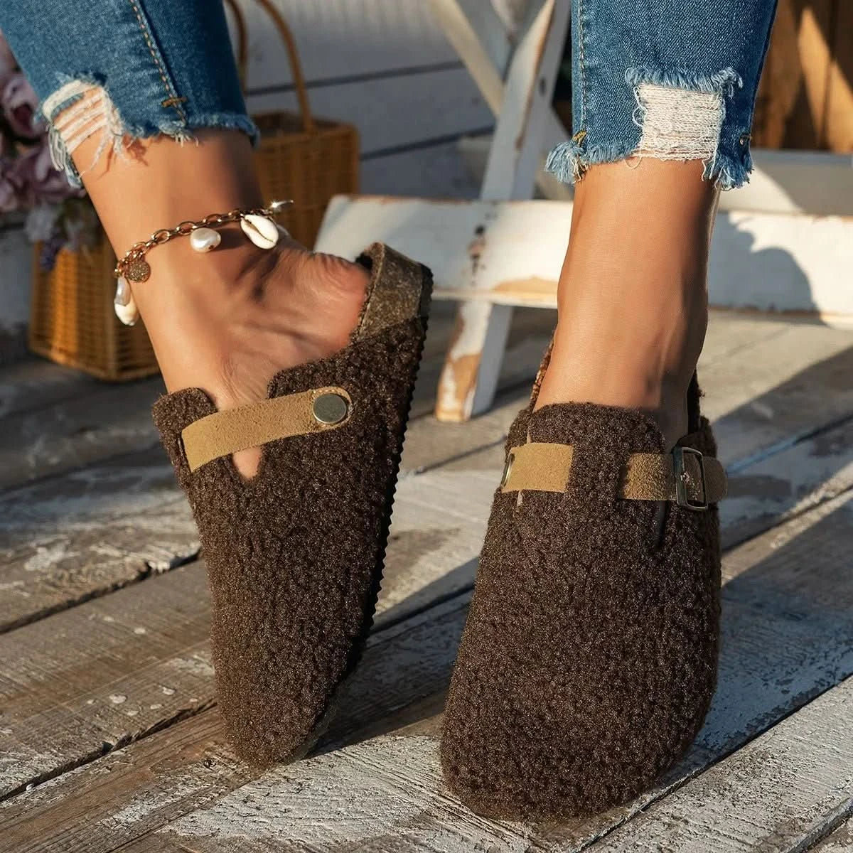Mule Slippers Faux Shearling Suede-Look Upper & Rubber Outsole