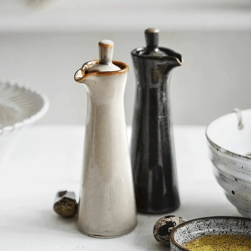Oil & Vinegar Dispenser Stoneware Reactive Glaze Tapered Spout