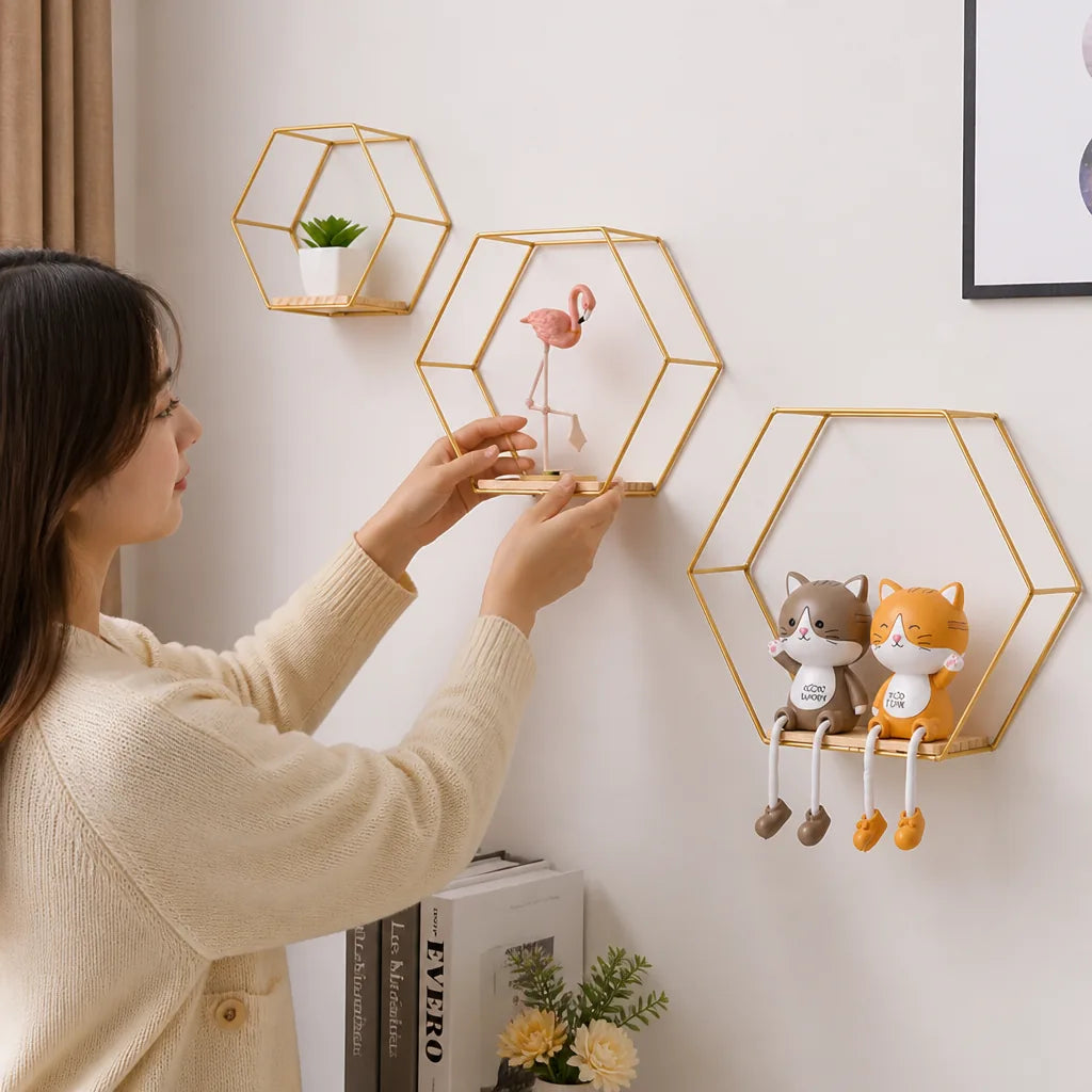 Open-Frame Hexagonal Wall-Mounted Shelf for Living Room, Bedroom