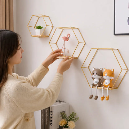 Open-Frame Hexagonal Wall-Mounted Shelf for Living Room, Bedroom