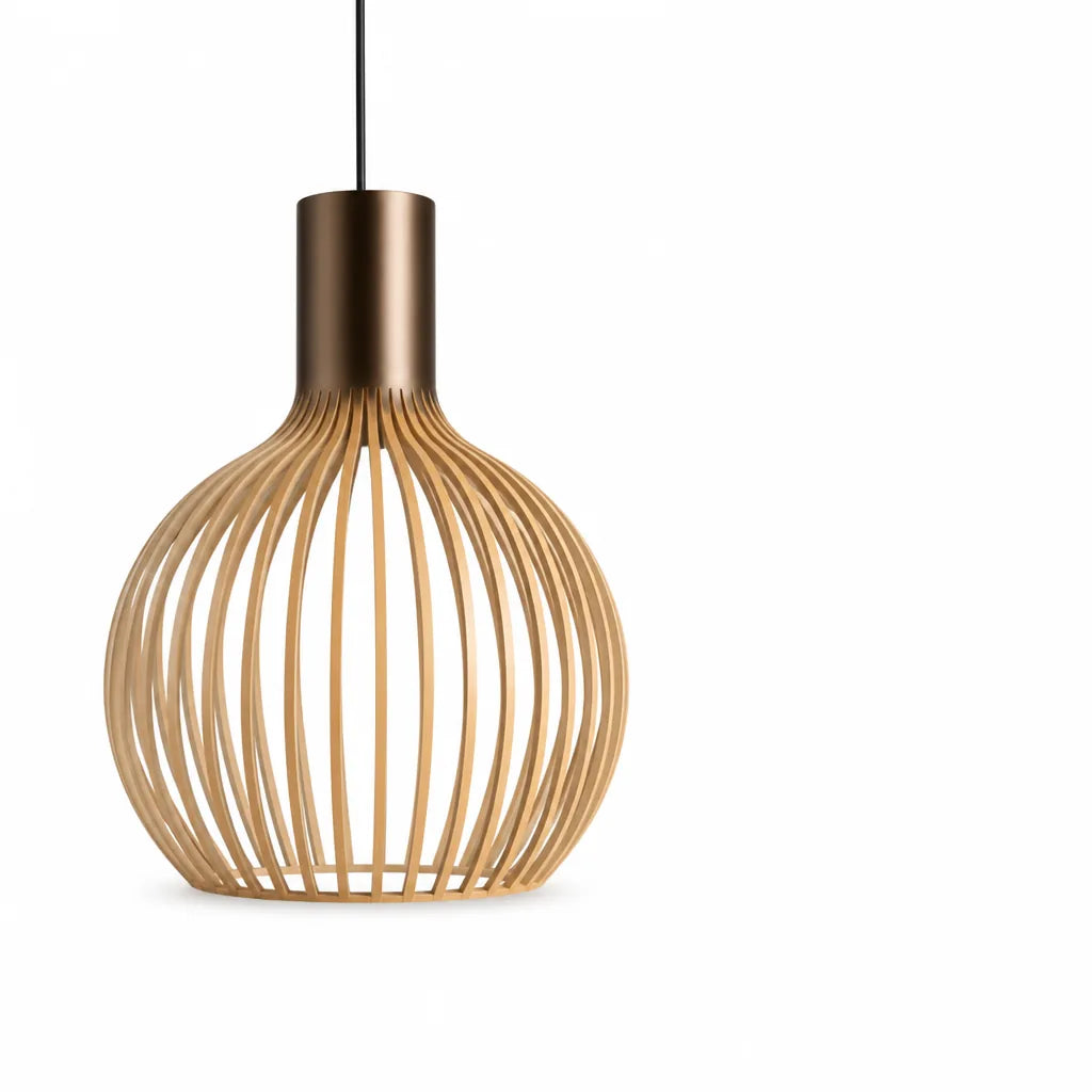 Open Wood-Slat Orb Pendant Light with Metal Accents