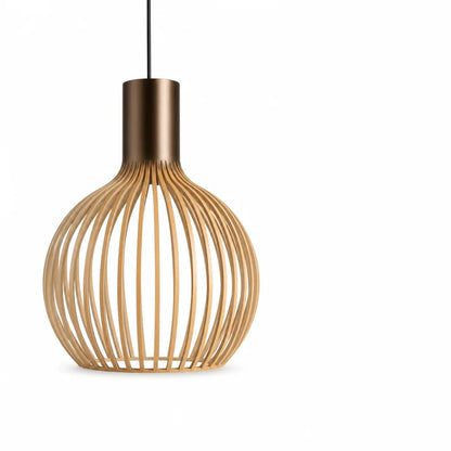 Open Wood-Slat Orb Pendant Light with Metal Accents