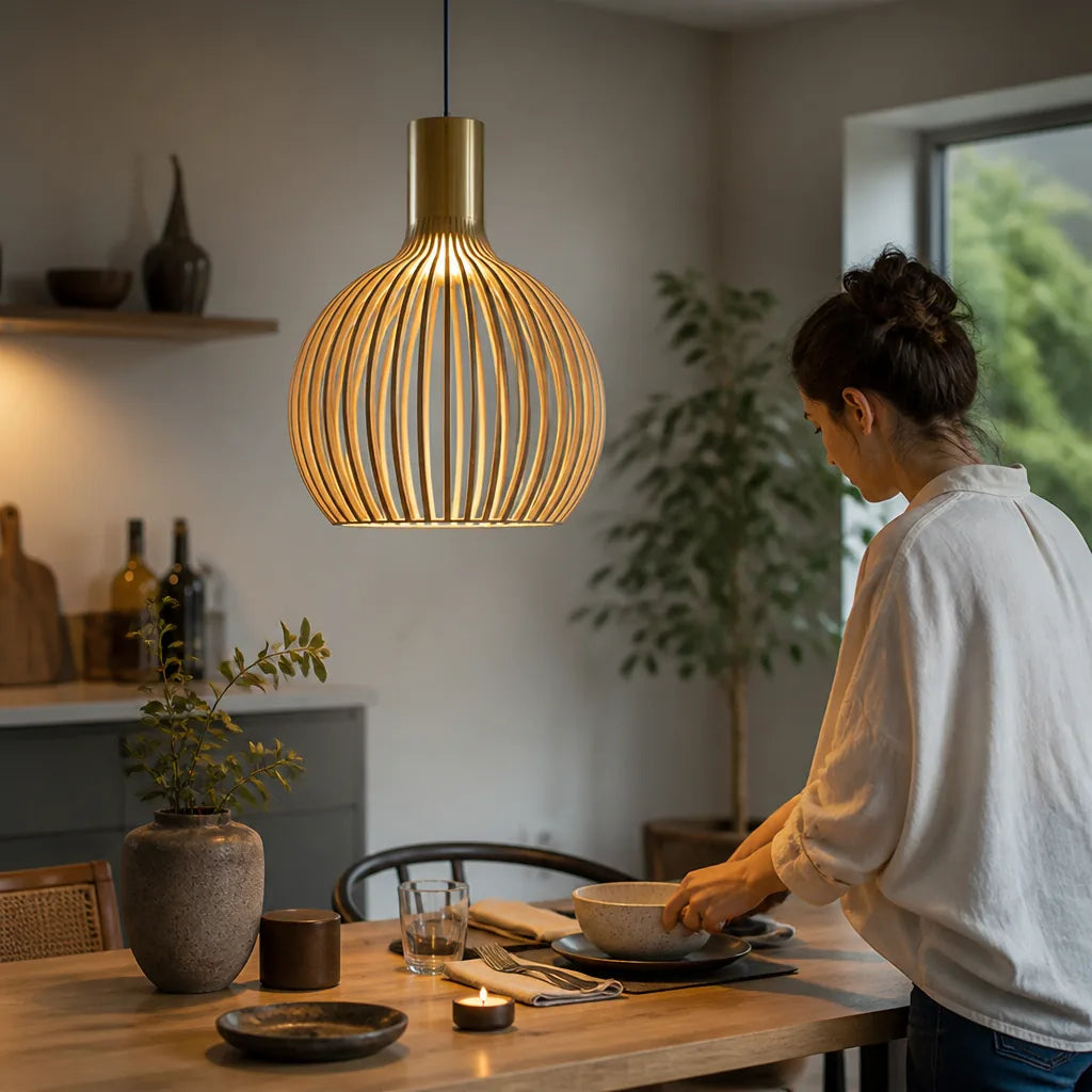 Open Wood-Slat Orb Pendant Light with Metal Accents