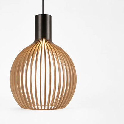 Open Wood-Slat Orb Pendant Light with Metal Accents
