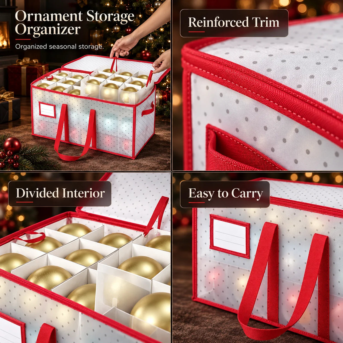 Ornament Storage Box Reinforced Plastic Double-Sided Zippered & Foldable
