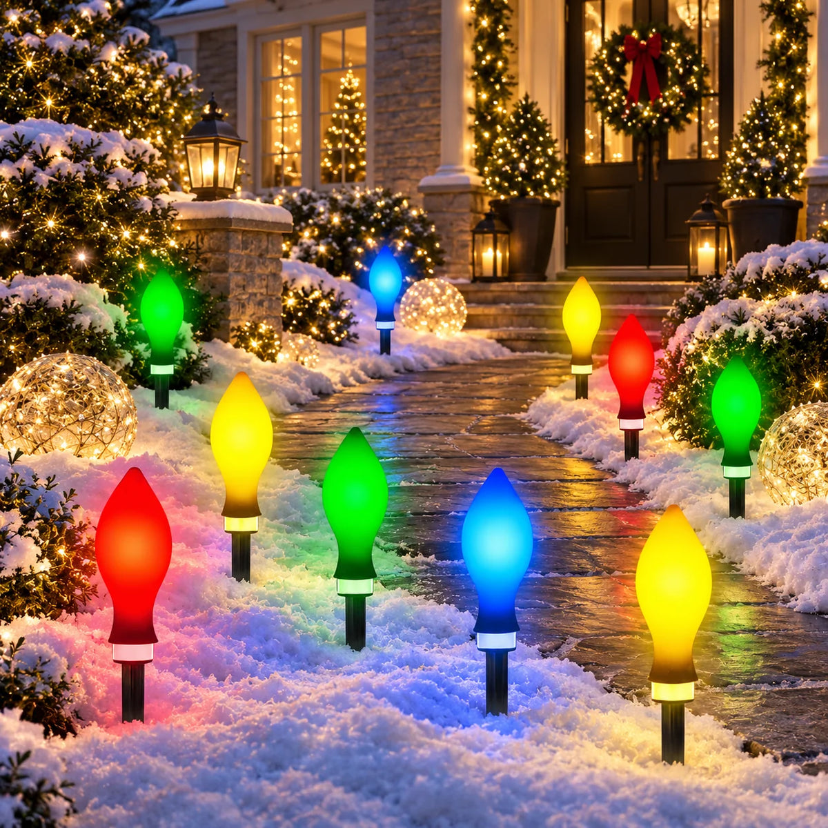 Outdoor Solar Path Lights Flame-Effect Rechargeable Set of 12