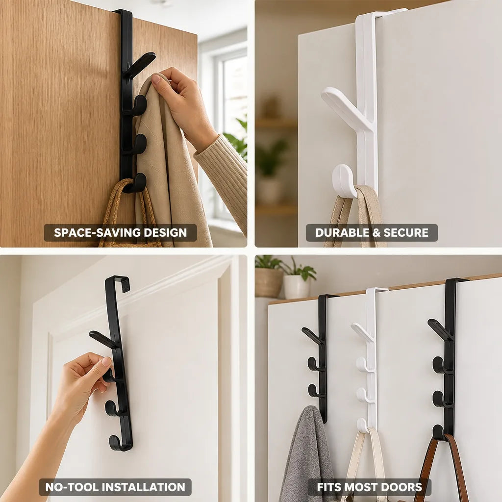 Over-the-Door Coat Rack 5 Hooks No-Tool Installation