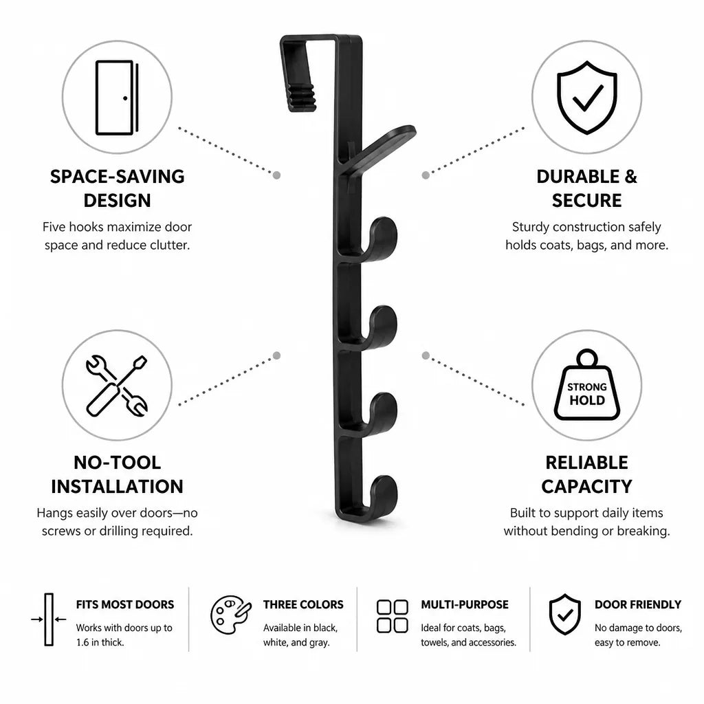 Over-the-Door Coat Rack 5 Hooks No-Tool Installation