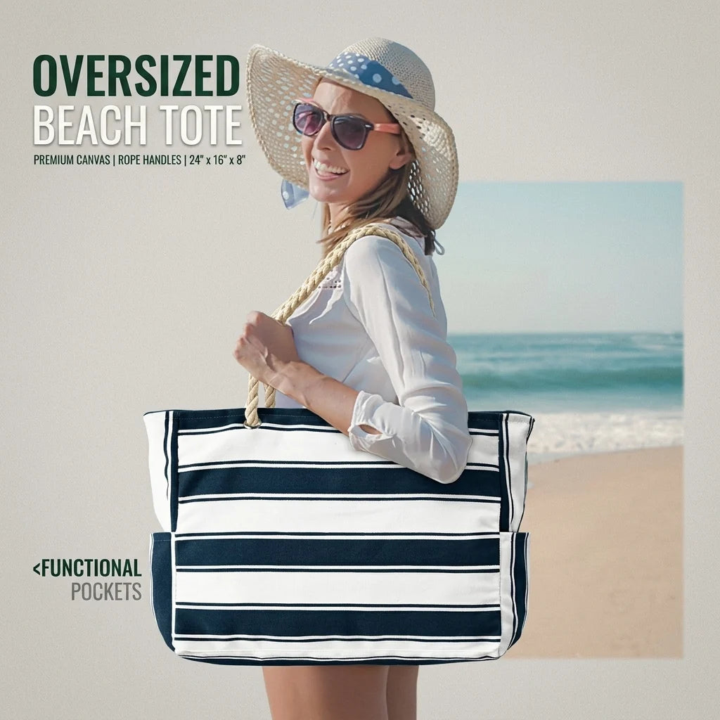 Oversized Beach Tote Waterproof & Sandproof Zippered Top