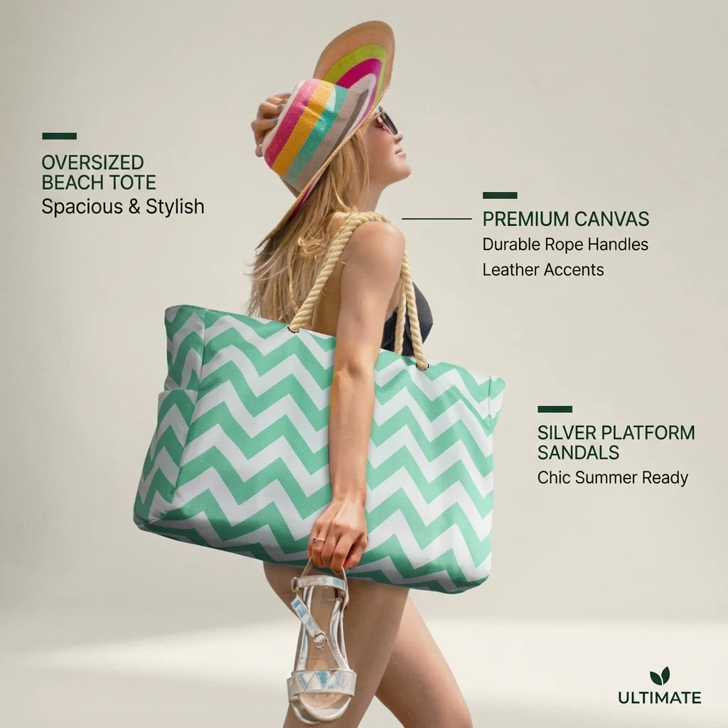 Oversized Beach Tote Waterproof & Sandproof Zippered Top