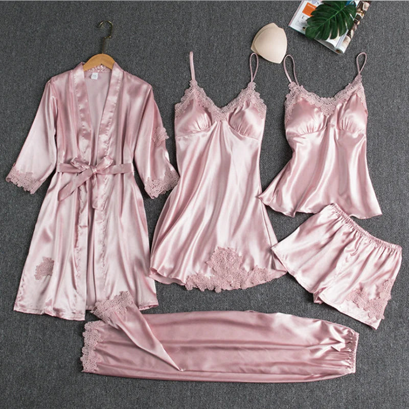 Pajama Set 5-Piece Silky Soft Kimono & Slip