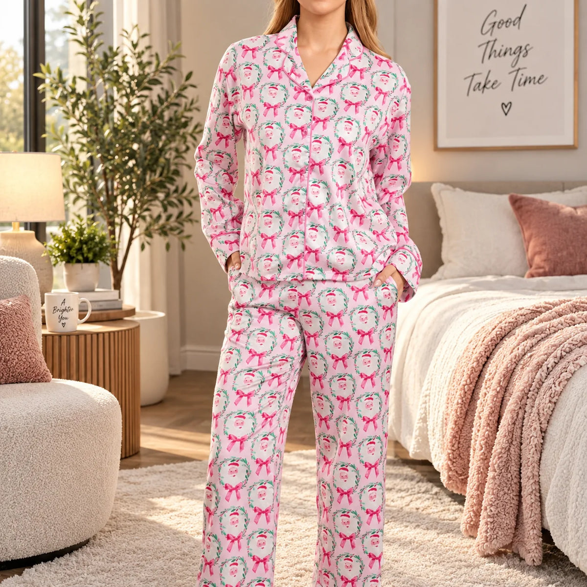 Pajama Set Satin Bow Print Relaxed Fit