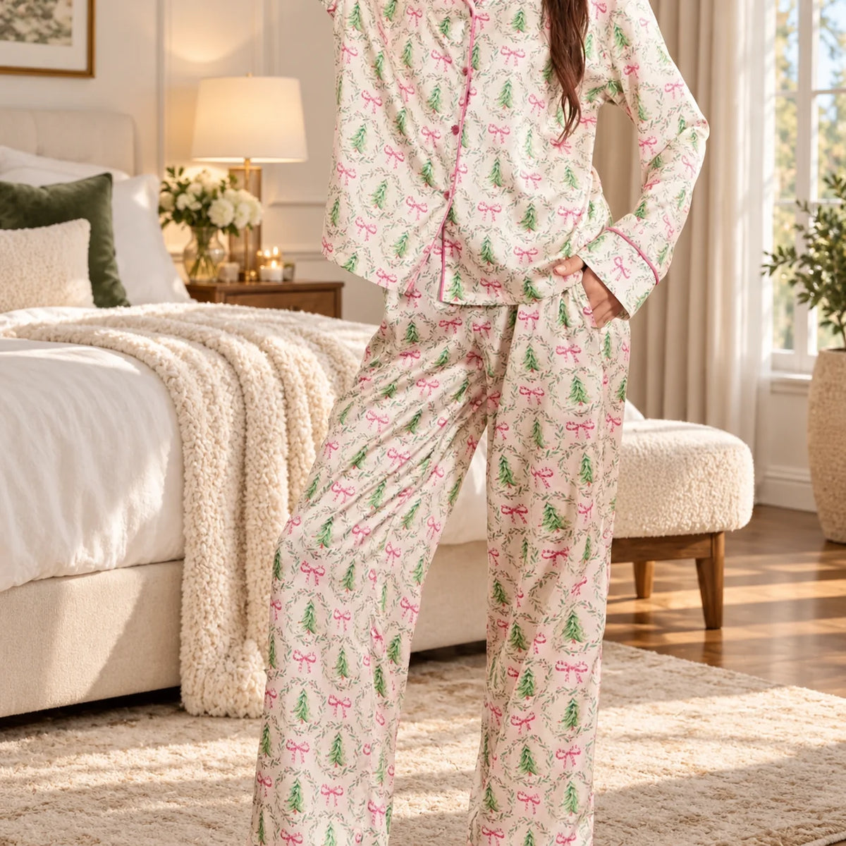 Pajama Set Satin Bow Print Relaxed Fit