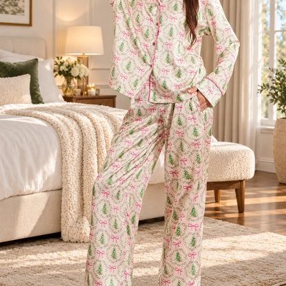 Pajama Set Satin Bow Print Relaxed Fit