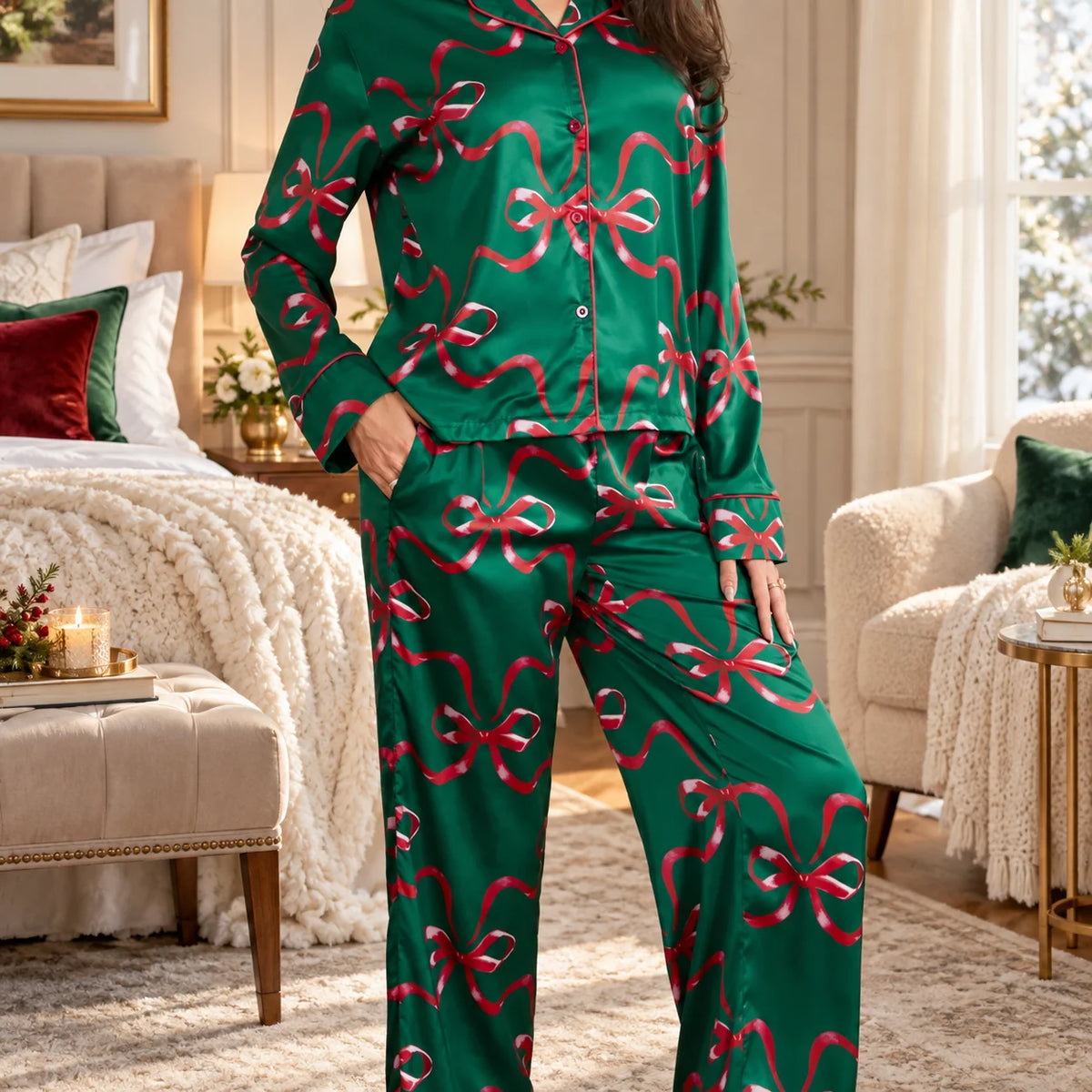 Pajama Set Satin Bow Print Relaxed Fit