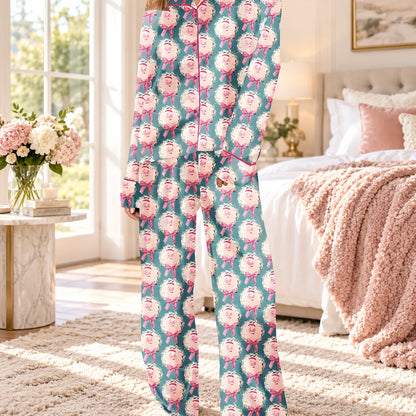 Pajama Set Satin Bow Print Relaxed Fit