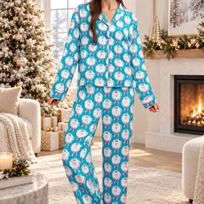 Pajama Set Satin Bow Print Relaxed Fit