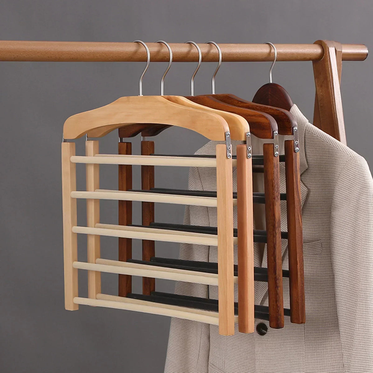 Pants Hanger Space-Saving Natural Wood 5 Bars