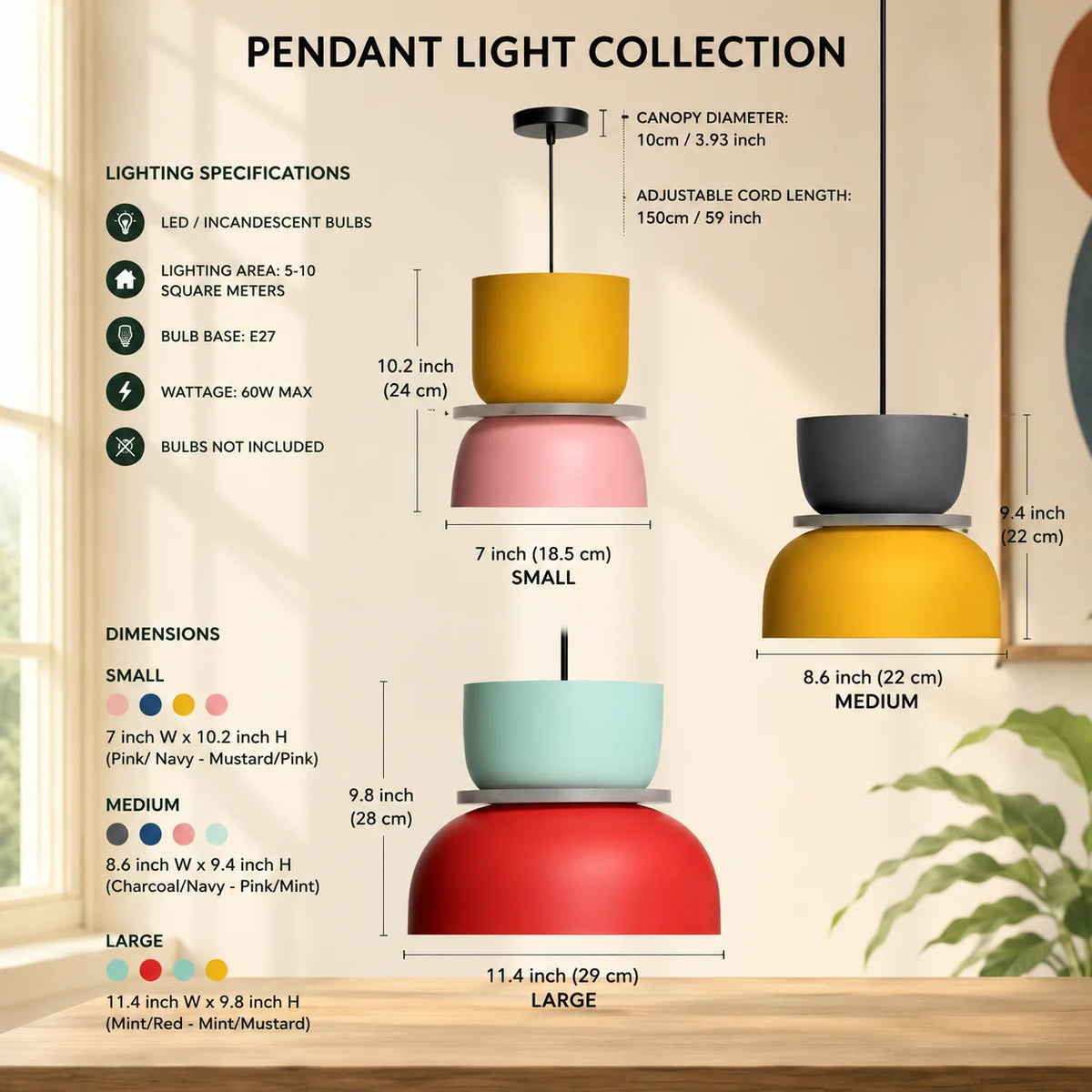 Pendant Light Color-Blocked Adjustable Cord