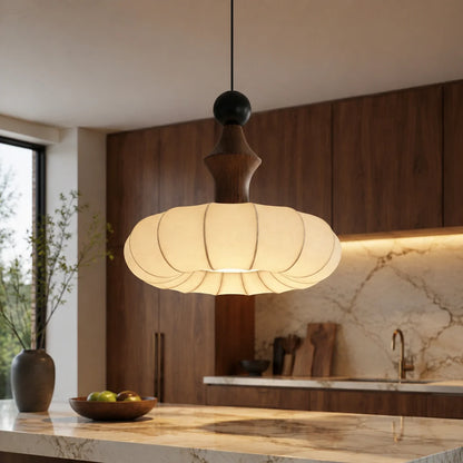 Pendant Light Fabric Shade & Wood Base Dimmable