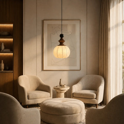 Pendant Light Fabric Shade & Wood Base Dimmable