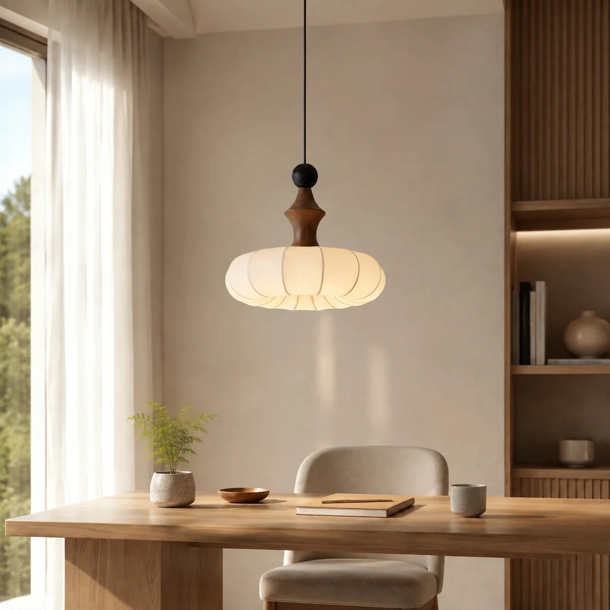 Pendant Light Fabric Shade & Wood Base Dimmable