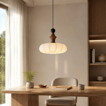 Pendant Light Fabric Shade & Wood Base Dimmable