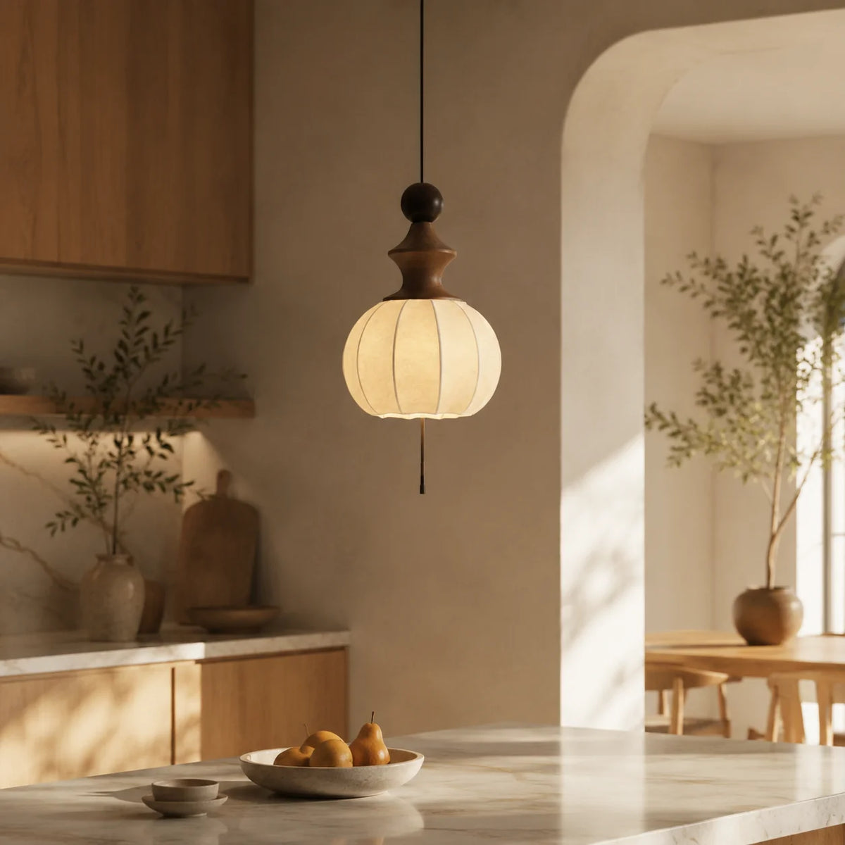 Pendant Light Fabric Shade & Wood Base Dimmable