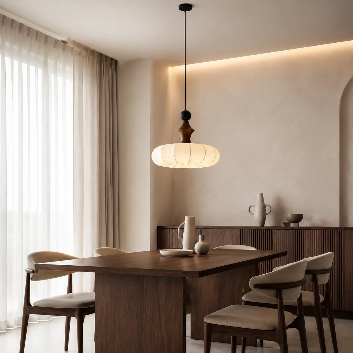Pendant Light Fabric Shade & Wood Base Dimmable