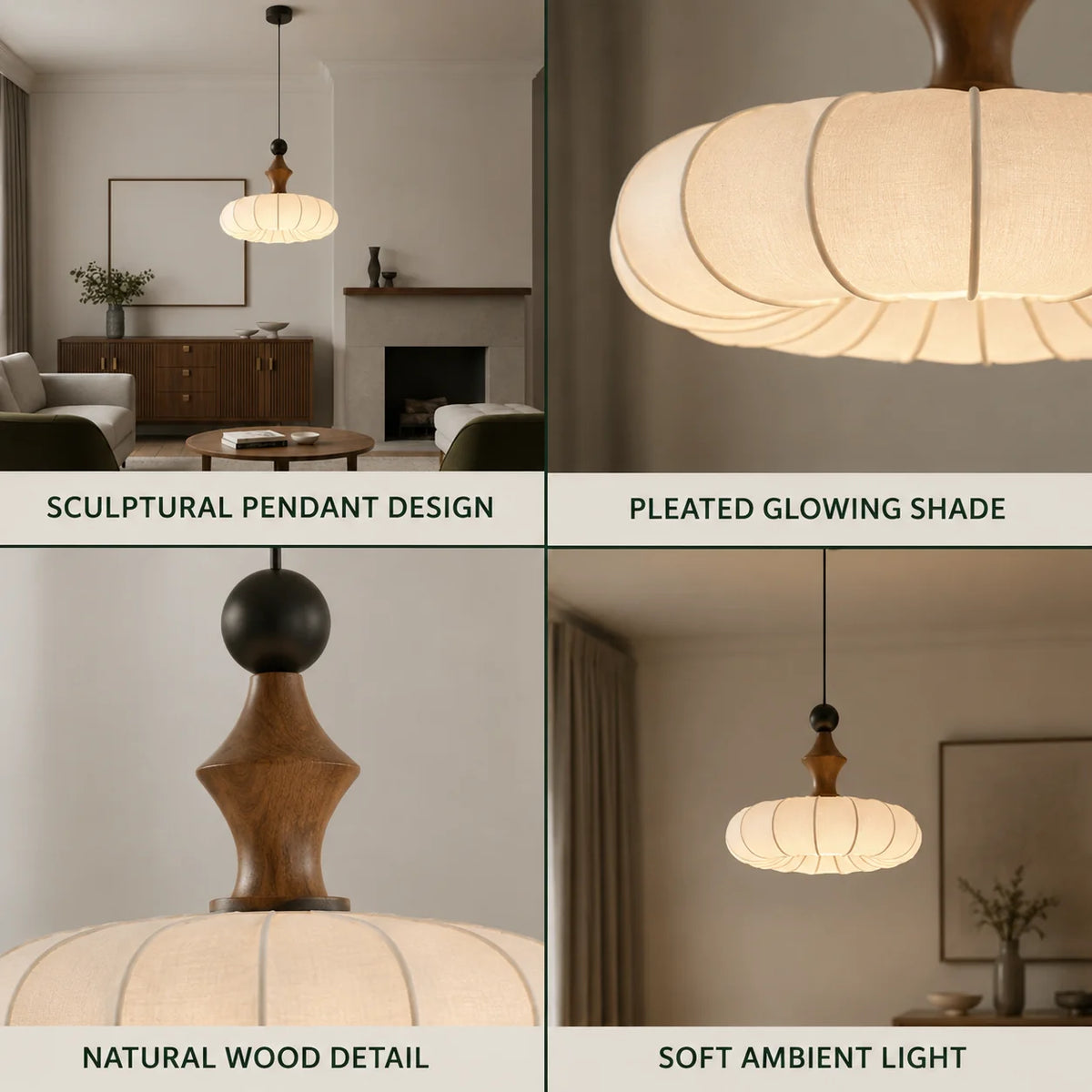 Pendant Light Fabric Shade & Wood Base Dimmable